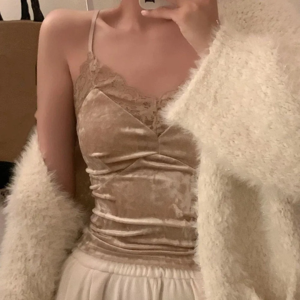 

Повседневный бюстгальтер с вкладышами, бархатный кружевной топ-камизоль, уличная одежда, безрукавка в готическом стиле, теплый мягкий кружевной укороченный топ для осени и лета