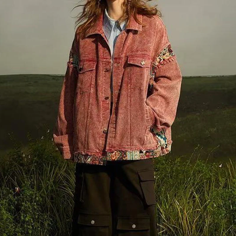 Korean-style denim jacket women retro old fashion stitching design sense niche loose cardigan jacket in spring and autumn