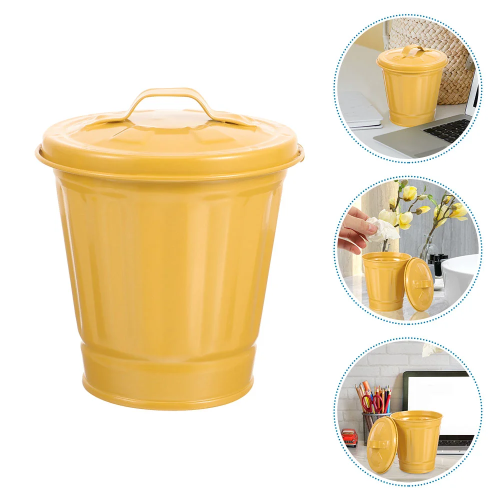 Small Trash Can Lid Pen Holder Makeup Brush Holder Garbage Storage Bin Small Wastebasket Round Waste Bin Retro Vintage Metal