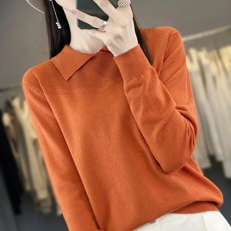 Autumn and Winter Women's Pullover Polo Solid Color Hollow Lantern Long Sleeve Sweater Knitted Bottom Casual Elegant Tops