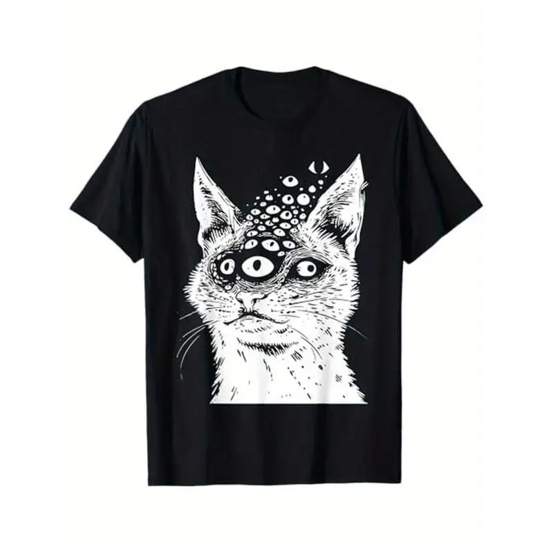 

Psychedelic Cat Print T-shirt Unisex Abstract Eye Art Tee Summer Grunge Y2K Aesthetic Casual Short Sleeve Tops