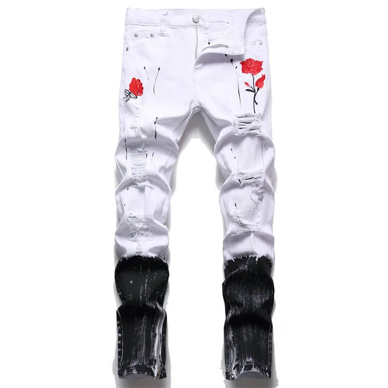 2024new style white embroidered rose jeans men's street cool fashion elastic skinny ripped trousers