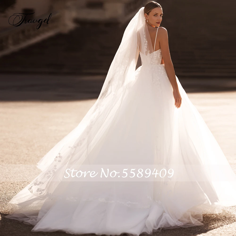 Traugel Sexy Backless Sweetheart Spaghetti Straps Wedding Dresses Delicate Appliques Beaded Court Train A Line Bridal Gown