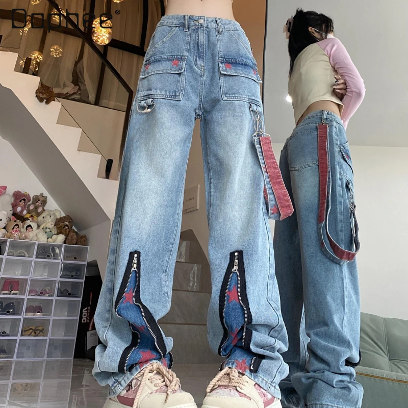 

Hip Hop Trendy Straight Jeans Streetwear Women Y2K Vintage Loose Washed Zip Denim Pants Summer Jean Trousers for Men and Women