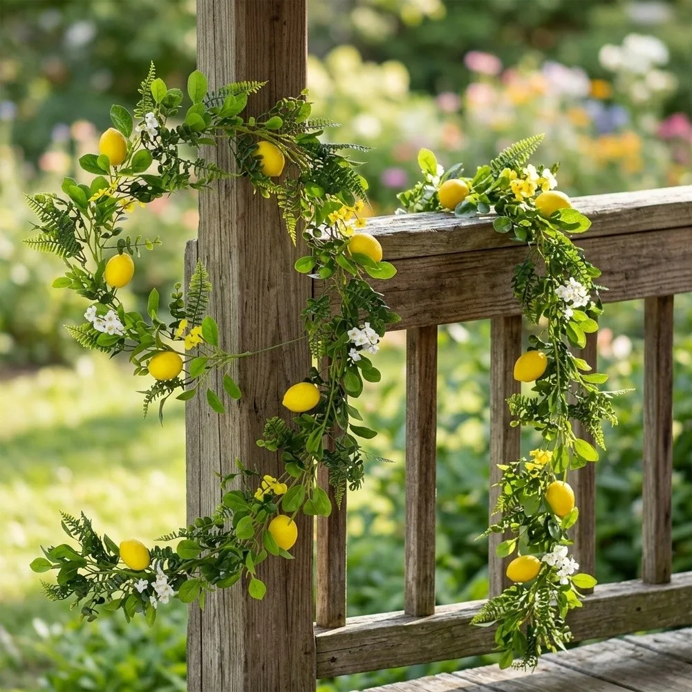 Artificial Lemon Vine Garland 6.5 Feet Featuring Handcrafted Foam Lemons and Silk Lemon Leaves for Tropical Jungle Theme Events