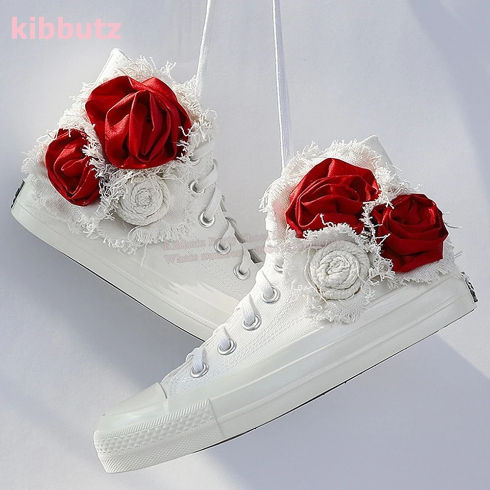 Flower Women Canvas Sneaker Thick Sole Mixed Color Round Toe Lace-Up Novelty Luxury Comfortable Outdoor Sports Elegant Shoes New