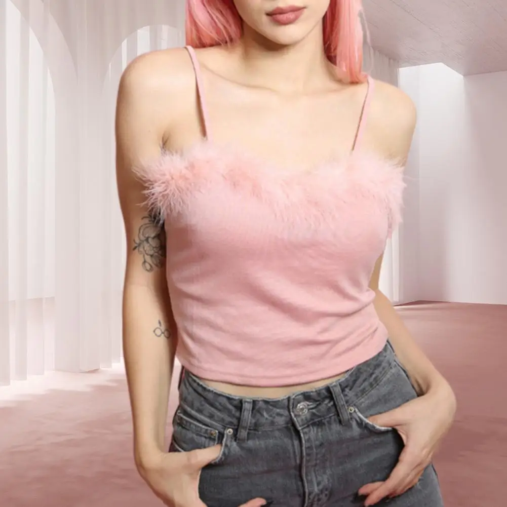 

Hottie Vest Summer Solid Color Sexy Low Cut Fluffy Collar Sleeveless Women Tank Lady Solid Color Sling Crop Top Female Clothing