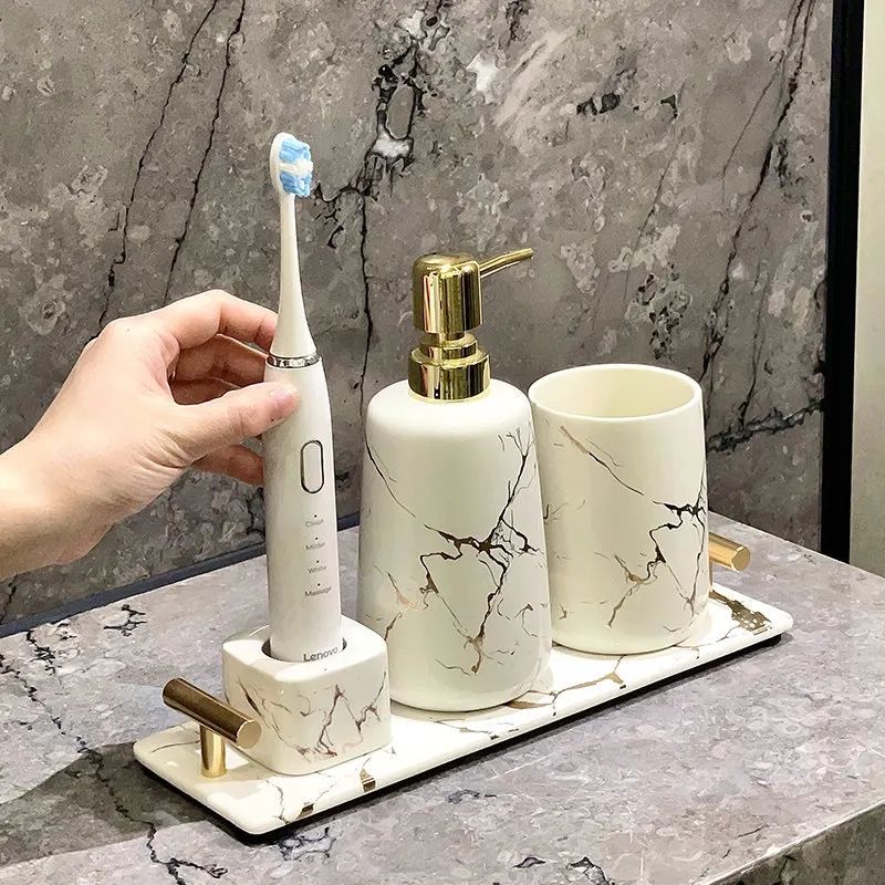 Keramik-Seifenspender, Badezimmerzubehör, Shampoo-Spender, Lotionsflasche, Mundspülbecher für den Haushalt, Ablage, Dreiteiliges Set