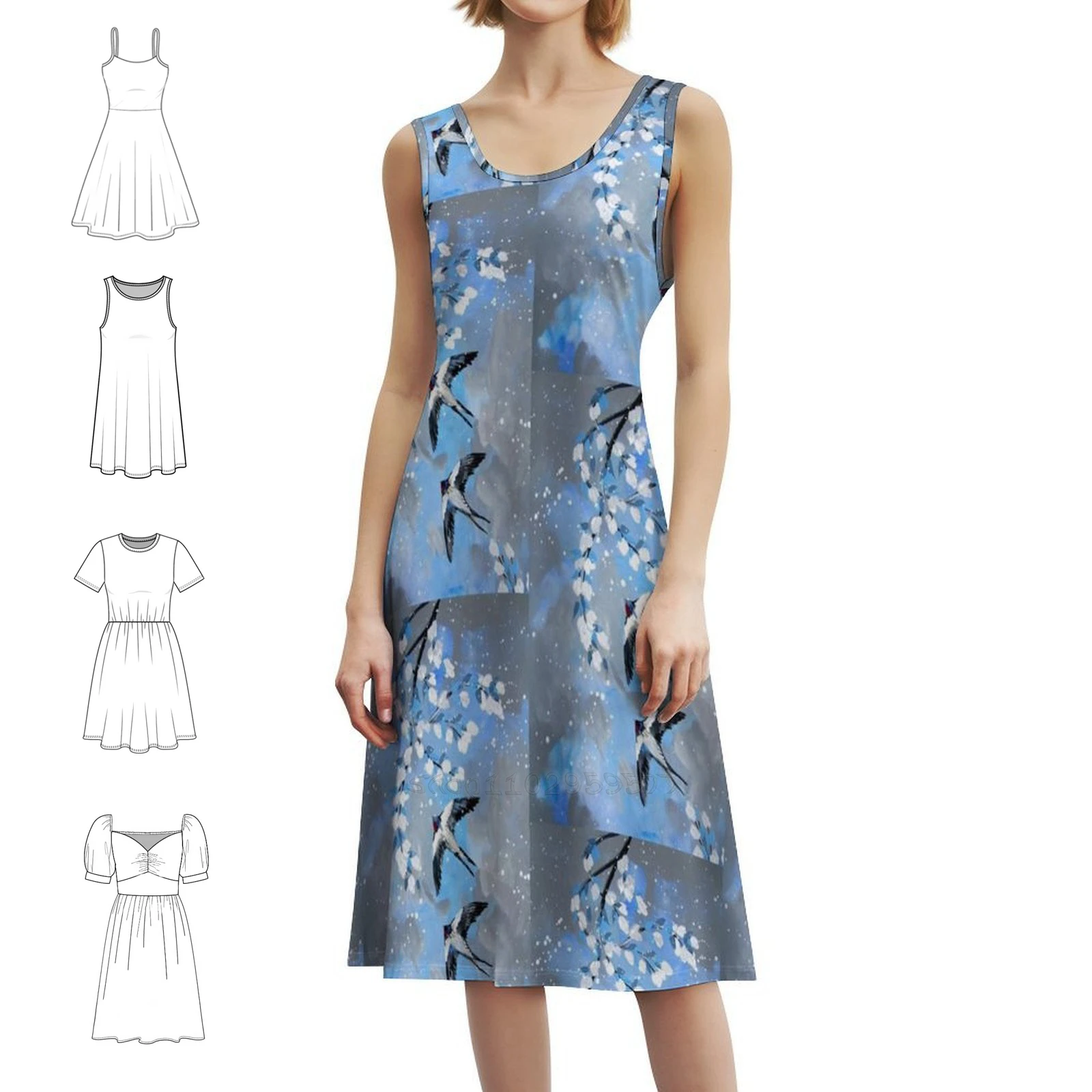 Swallows On Blue And Gray Women's Elegant Party Dress A-Line Dress With Short/Long/Sleeveless Options Swallows Bluebirds Blue