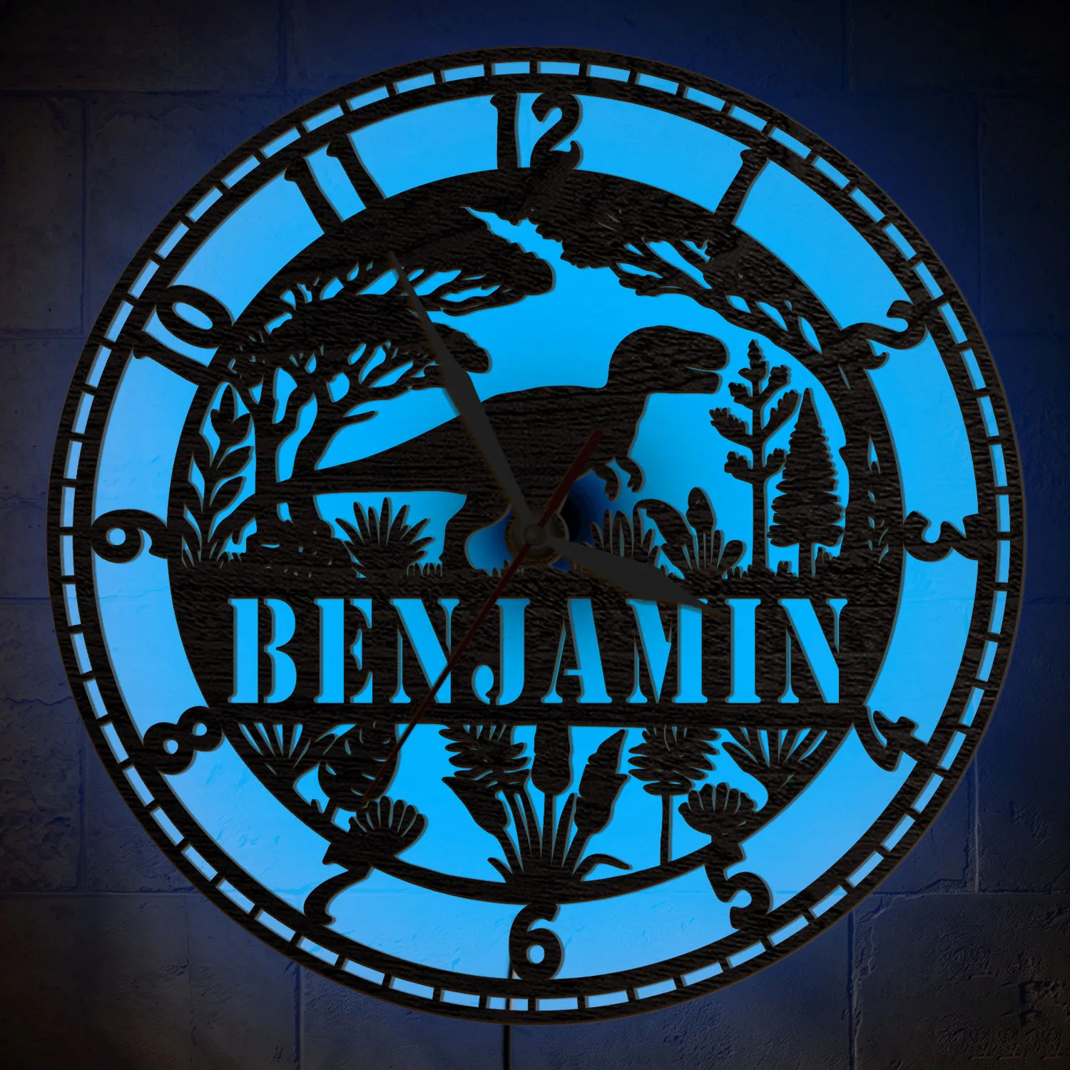 Personalized T‑Rex Dinosaur Wooden Wall Clock Prehistoric Jungle Dino Home Decor RGB LED Night Light Wall Clock with Custom Name