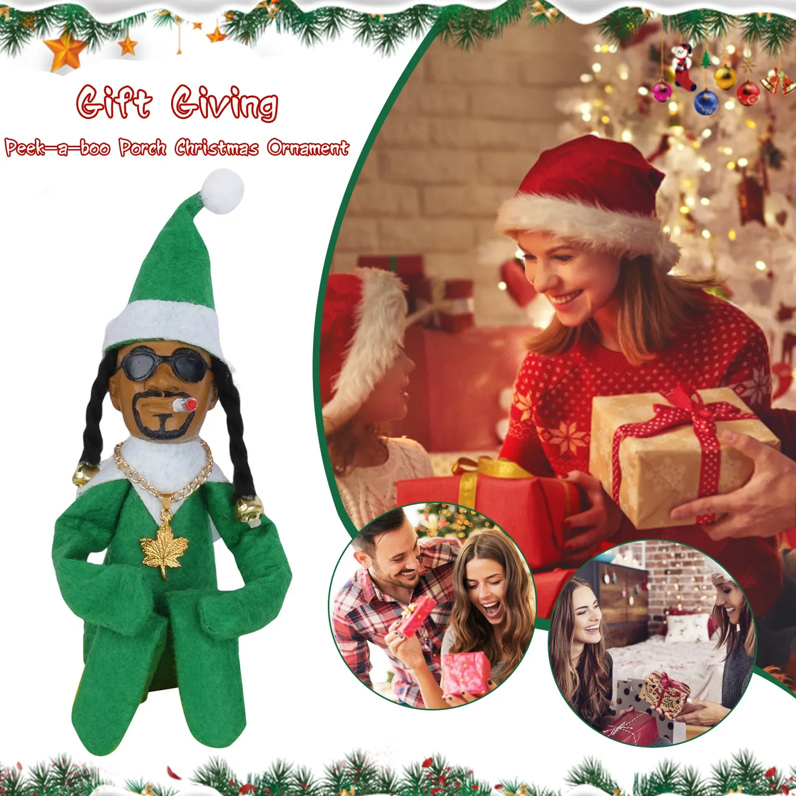 

Snoop Dogg on a Stoop Christmas Elf Doll 2024 Christmas Decorations Plush Toys Including T-Shirt, Sunglasses and Necklace