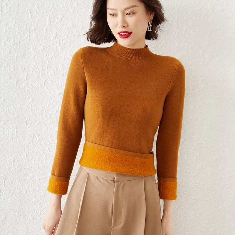 Autumn and Winter Half Turtleneck wool sweater women's pullover One Body Clip Cashmere Thickened Super Warm Top Lnner Lap Jumper