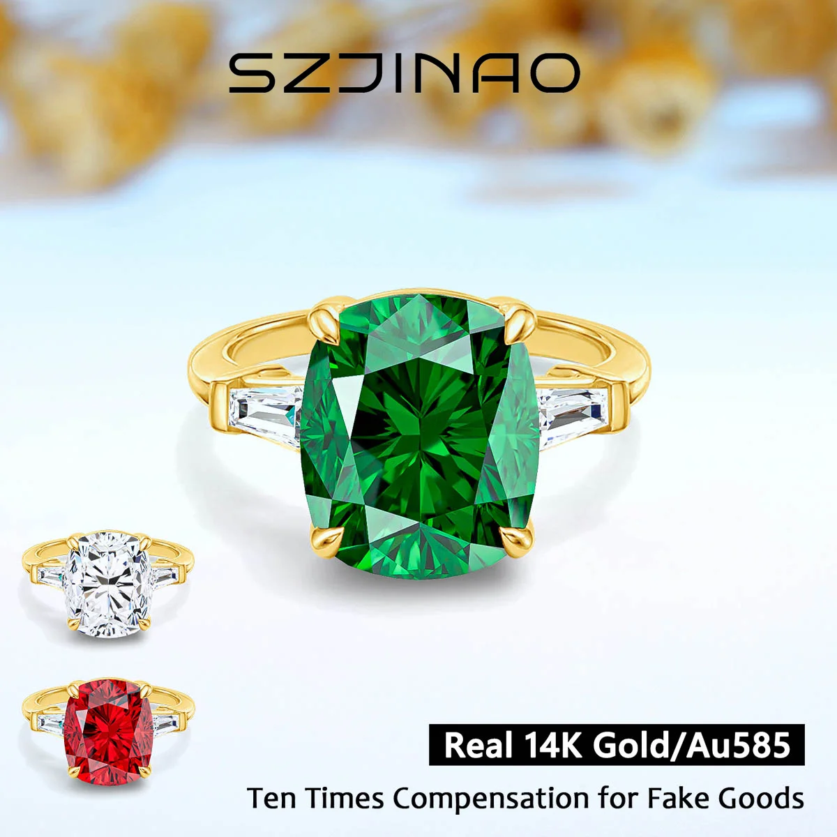 Cultured Emerald Ruby Ring 14K Gold for Women Moissanite Cushion Cut AU585 Sparkling Ring for Wedding Engagement Fine Jewelry