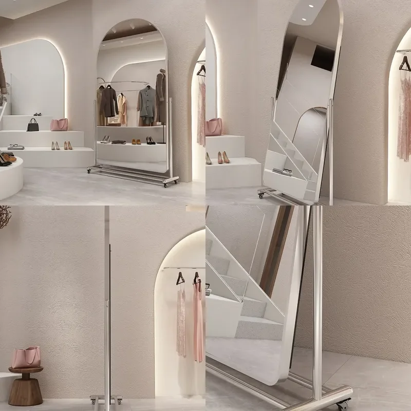 For Home Clothing Store Movable Full Length Mirror Ultra White Slimming Beauty Floor Standing Mirror for Live Broadcast Photo