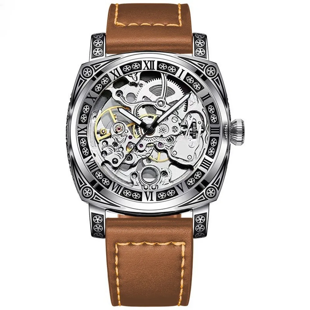 Luxury 2026 Automatic Watch Retro Style Wholesale Mechanical Wristwatches Skeleton Carve Waterproof Leather No Logo Mens Watch