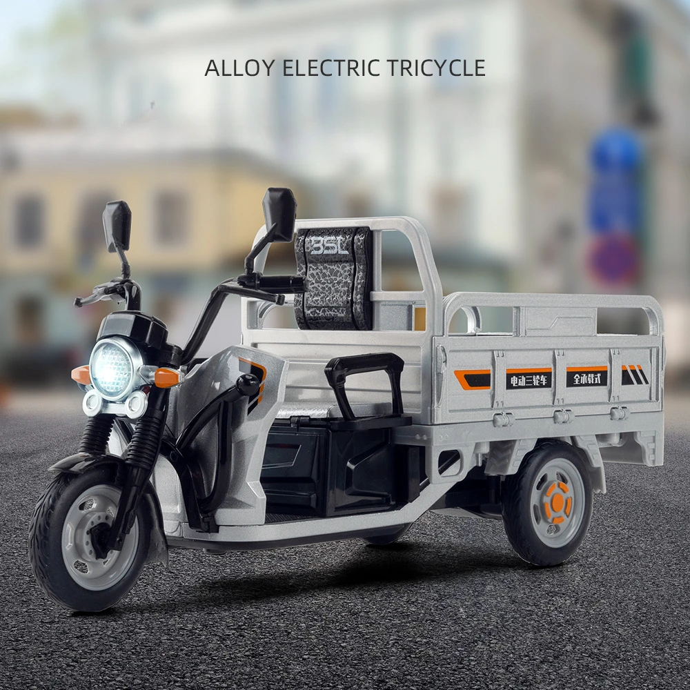 Modelo de aleación de triciclo eléctrico 1:12, coche de juguete fundido a presión, motocicleta, rueda delantera, dirección, sonido, luz, vehículo extraíble, juguete para coleccionar