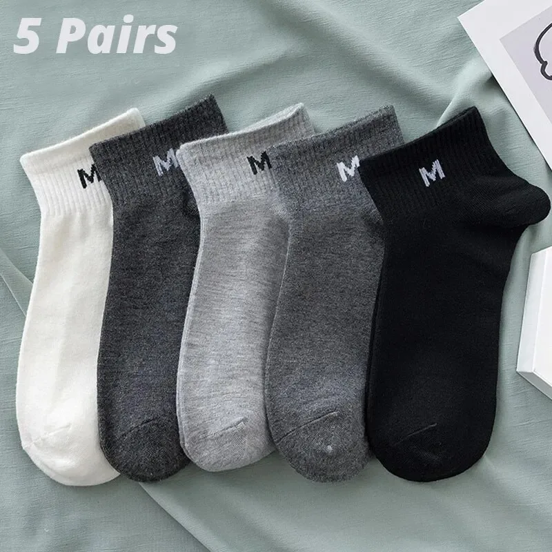 5 Pairs Men\'s Short Tube Socks Four Seasons Thin Letter M Series Solid Color Simple Versatile Light Mouth Low Top Boat Socks