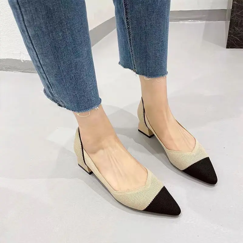 2023 New Women Shoes High Heel Knitted Breathable Square Heel Fashion Beautiful Princess Anti slip Rubber Sole Comfortable