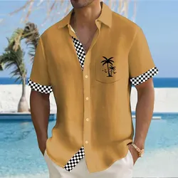 Solid color plaid Hawaiian vacation shirt outdoor vacation summer lapel men's short-sleeved top comfortable and breathable