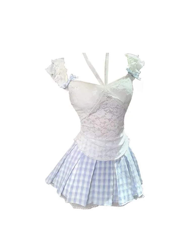 Sweet Sle Lace ter Svel Top And  Skirt Two Piece Set for Young Women Summer Faion Outfit V Ne Svel