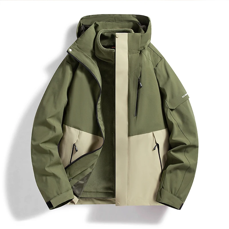 Men Women 3 In 1 Outdoor Hooded Jacket Color Block Splicing Detachable Warm Fleece Inner Wind & Water Resistant Multi Pockets Fo