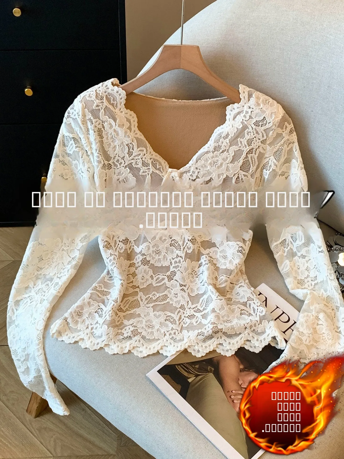 

Женская кружевная футболка с V-образным вырезом и начесом, базовая модель, для ношения под пальто, с уникальным эффектом утяжки талии, во французском стиле, приталенная