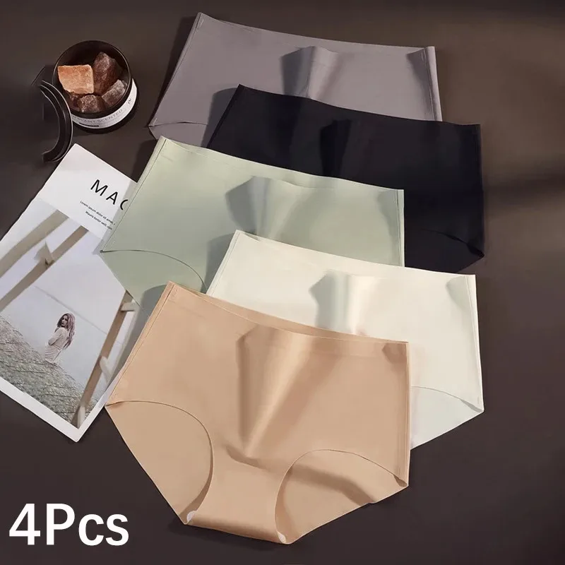 

4PCS Seamless Womens Panties Ice Silk Underwear Soft Breathable Comfortable Briefs Female Lingerie Sexy Thin