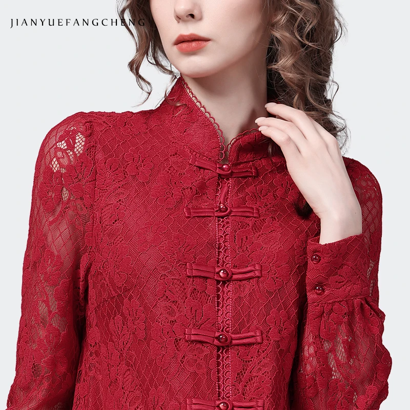 Vintage Chinese Style Red Lace Shirt 2023 Spring New Long Sleeve Stand-up Collar Hollow Design Women Tops Elegant Floral Blouses