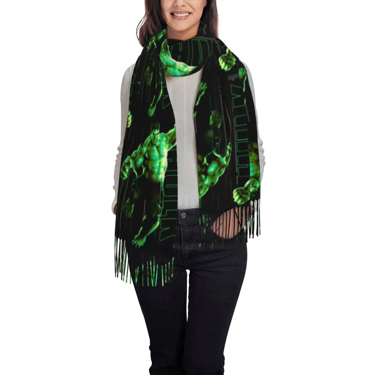 Custom Hulk The Incredible Glow Tassel Scarf Women Winter Warm Shawl Wrap Lady Scarves