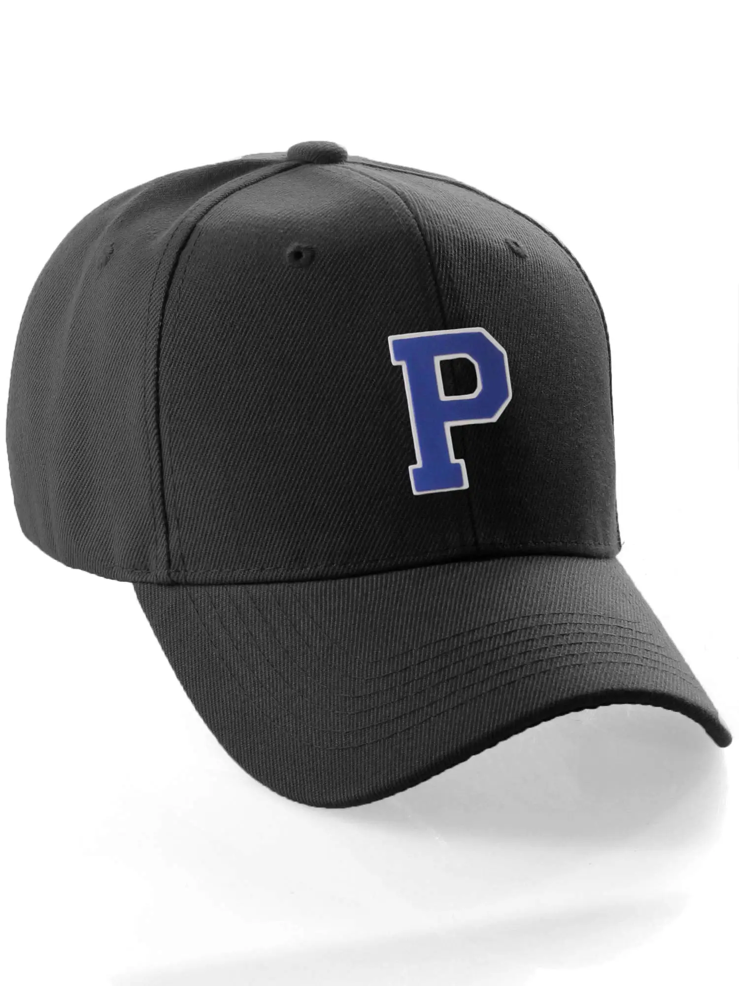 

Classic Baseball Hat A to Z Initial Team Letter, Black Cap White Blue Letter P