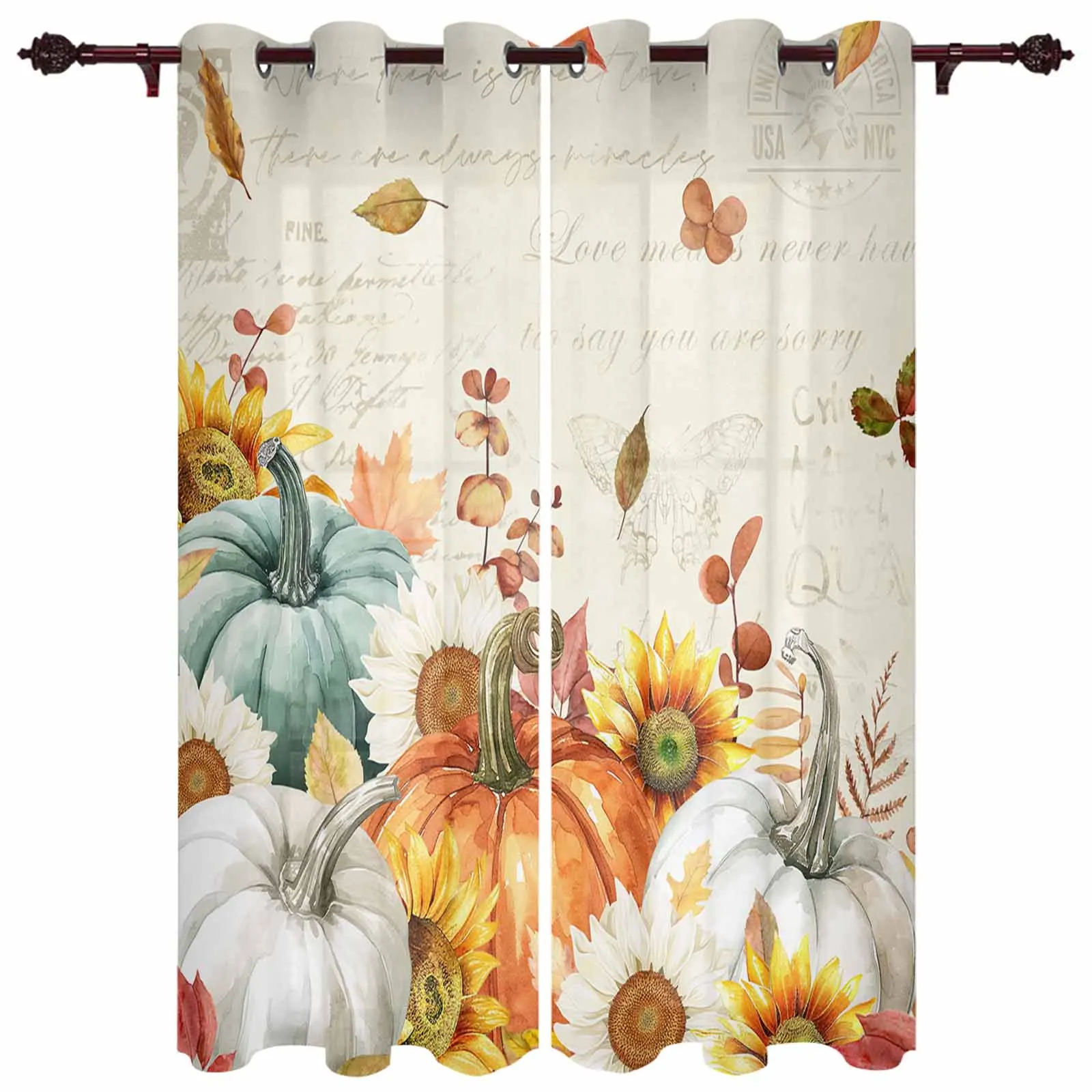 Thanksgiving Eucalyptus Leaf Pumpkin Vintage Letter Window Curtains for Living Room Bedroom Curtain Home Decor Balcony Drapes