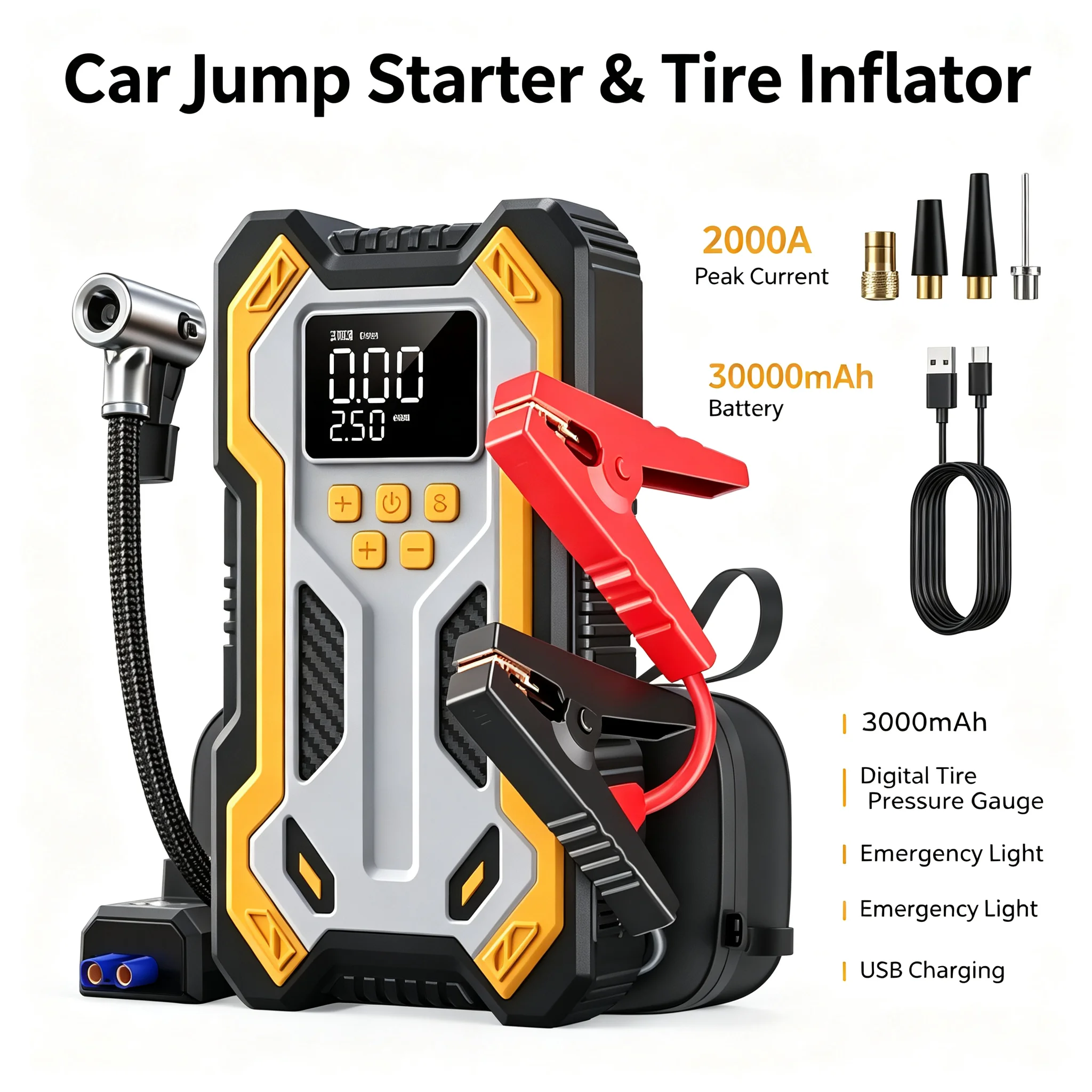 30000mAh Car Jump Starter Device Air Compressor & Wireless 12V Auto Multi-Function Power Bank Smart Clamps Gas & Diesel Cars
