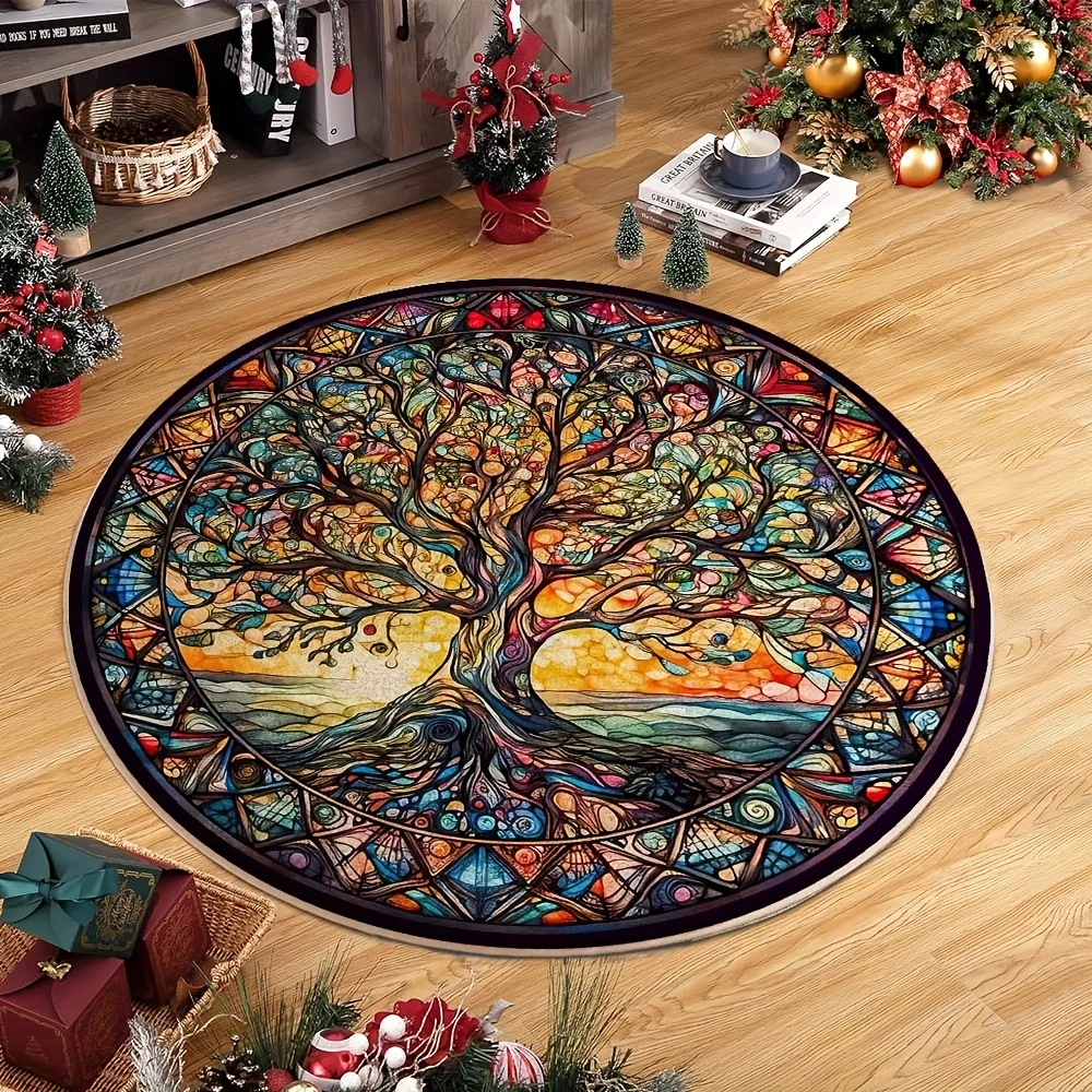 Mystic Glowing Gold Life Tree Circular Area Rug  Vintage Ornament Frame Print Round Mat Spiritual Home Decor Bedroom Rug