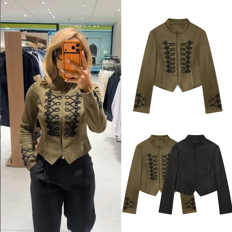 Women's Retro Faux Suede Short Jacket with Braided Knot Details Long Sleeves  Irregular Hem  Vintage Gothic Coat