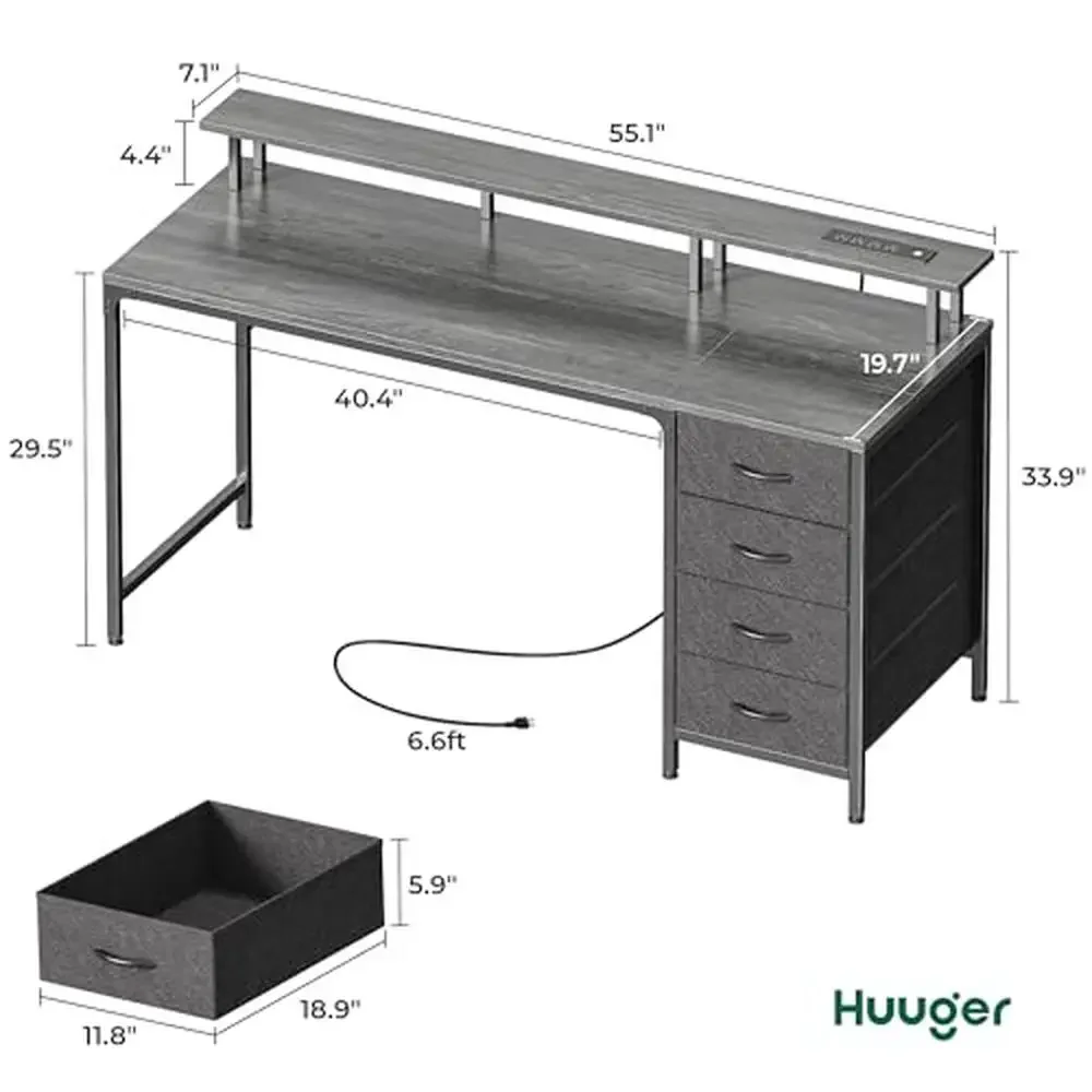 مكتب كمبيوتر مزود بمنافذ طاقة وأضواء LED مقاس 55 بوصة للألعاب مع 4 أدراج وشاشة مكتب وحامل للدراسة