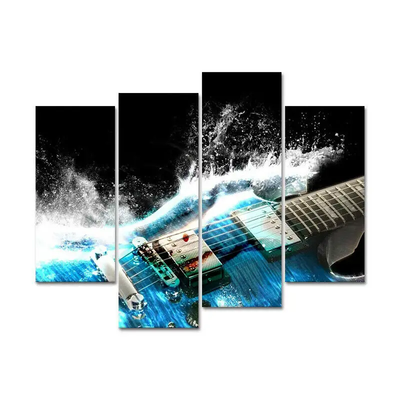 

4Pieces Blue Guitar Music Waves Studio Wall Art Paintings Home Decor Accessories Pictures Posters for Living Room Decorations