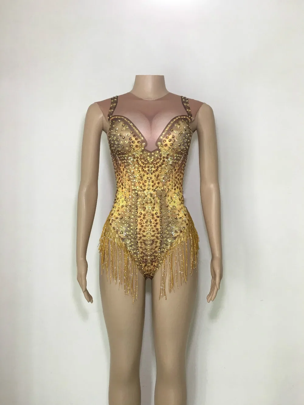 

Sparkly Gold Tassel Leotard Rhinestones Bodysuit for Women Stage Dance Performance Wear Sexy Nightclub Prom Dancing Costumes