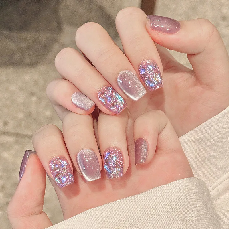24Pcs Glitter Tips Square Nails False Purple Gradient Pearl Flower Press on Nails Art Gilded Full Short Ballet Design Fake Nail