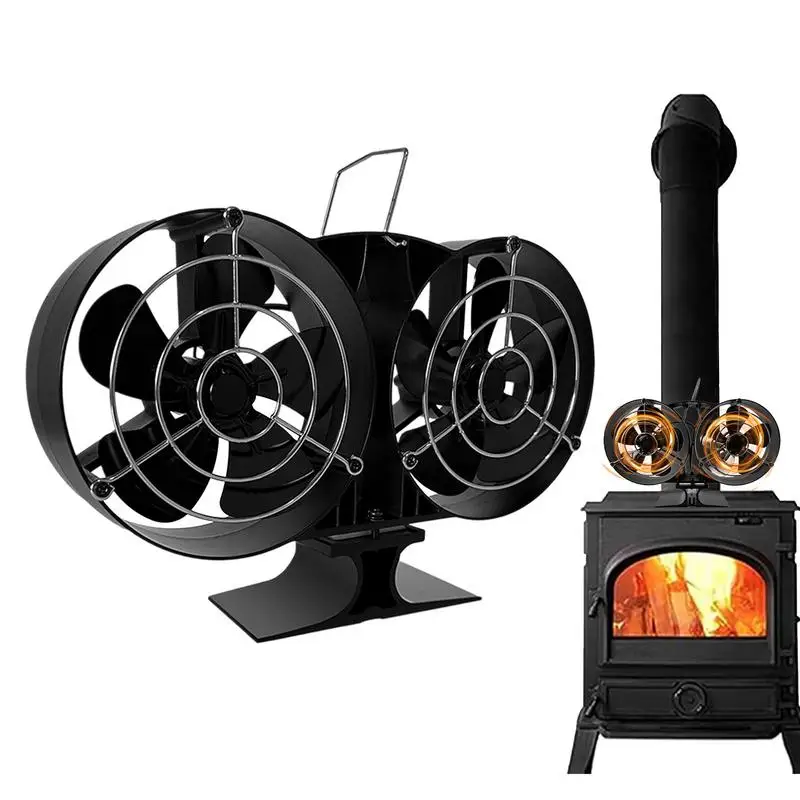 Fireplace Fan Heat Powered Fire Fan Eco Stove Top Fan Quiet Operation Double Head Fan with Protective Cover Heat Powered Fan for