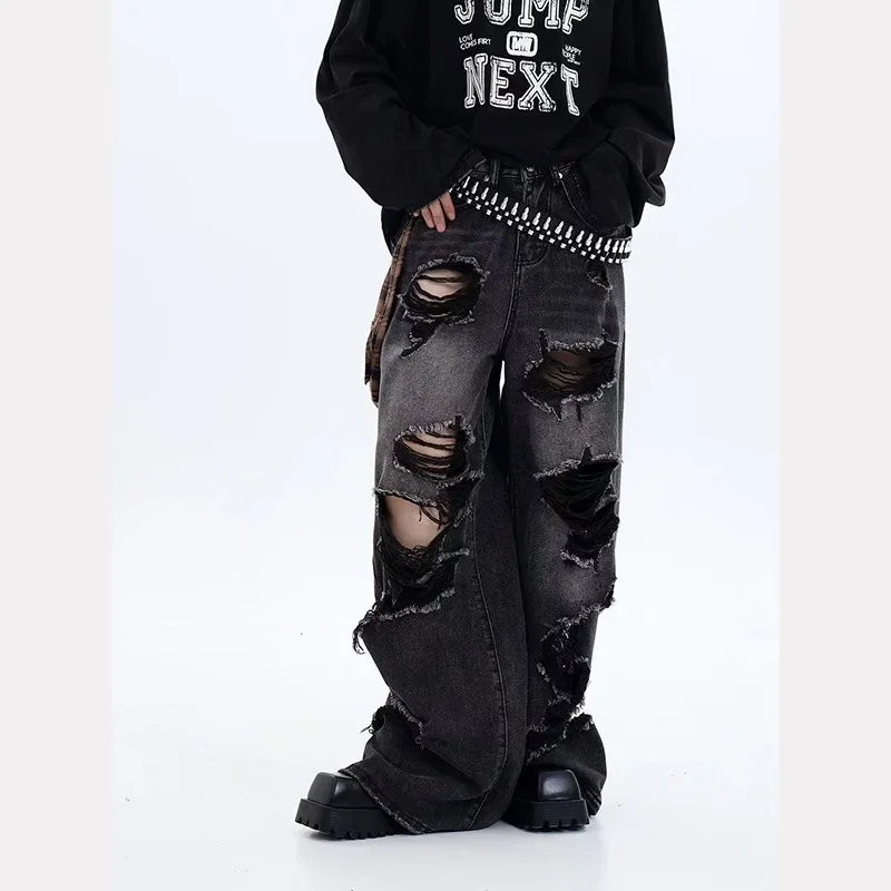 

Мужские джинсы American High Street, летние крутые свободные прямые широкие брюки, новые брюки для нищего с дырками, повседневная мода