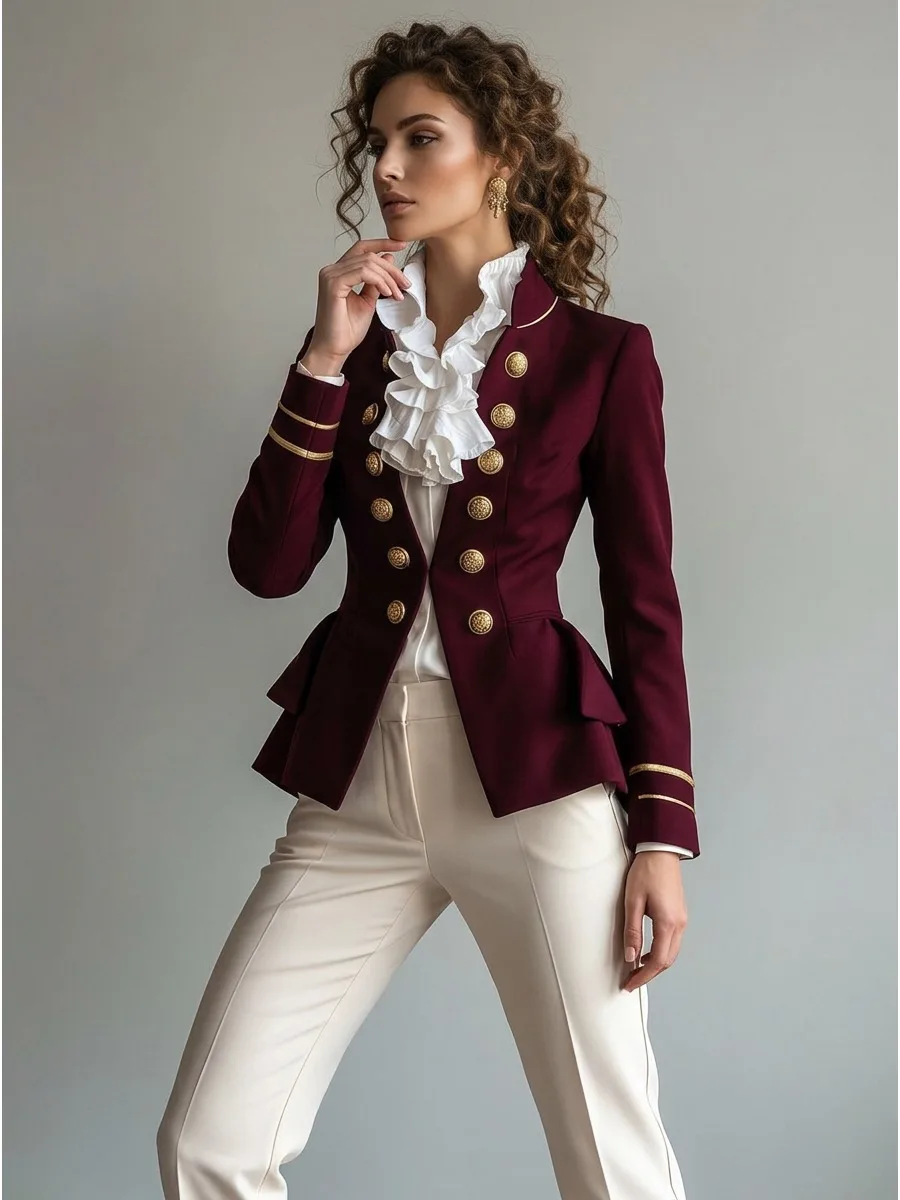 Bonboho Women Burgundy Vintage Blazer Double Breasted Stand Collar Slim Fitted Long Sleeve Elegant Formal Jacket Outerwear