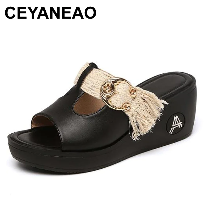 

CEYANEAO Women slipper 2020 ladies summer slippers shoes women wedges heels fashion summer genuine leather platform shoes