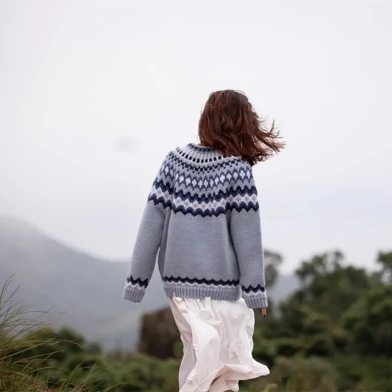 102-106cm Bust Fall Winter Fair Isle Knitted Cardigan Women Nordic Vintage Pure Handmade Blue Thick Warm 100% Wool Sweater Coat