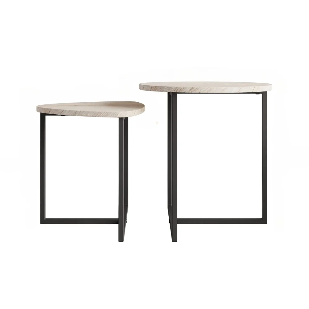 Juego de mesa de centro redonda para dormitorio, marco de Metal y aspecto de madera, resistente y de fácil montaje, mesas laterales apilables, blanco, 2 piezas