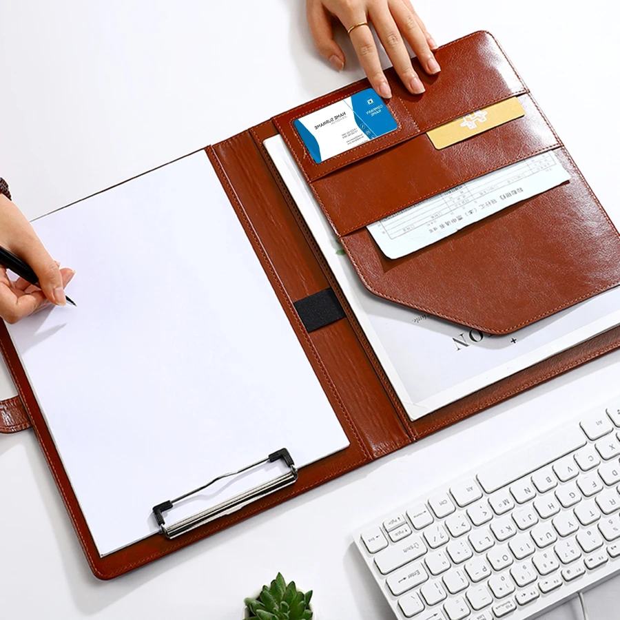 1 قطعة الملمس بو الجلود مجلد متعدد الوظائف A4 كليب حامل قلم فتحات بطاقة-منظم اجتماع مكتب الأعمال للبنك/البيع