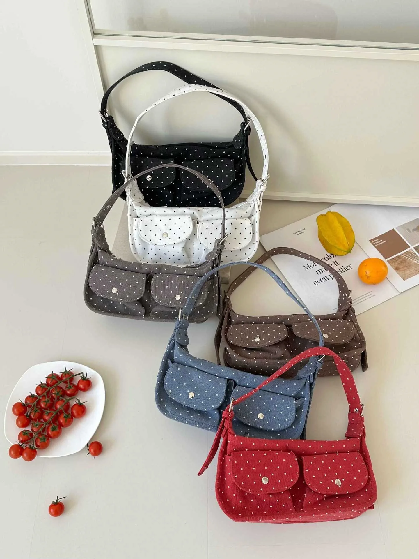 

Women's Polka Dot Canvas Shoulder Bag Korean New Casual Simple Fashion Multi Pocket Design Female Commute Underarm Bags