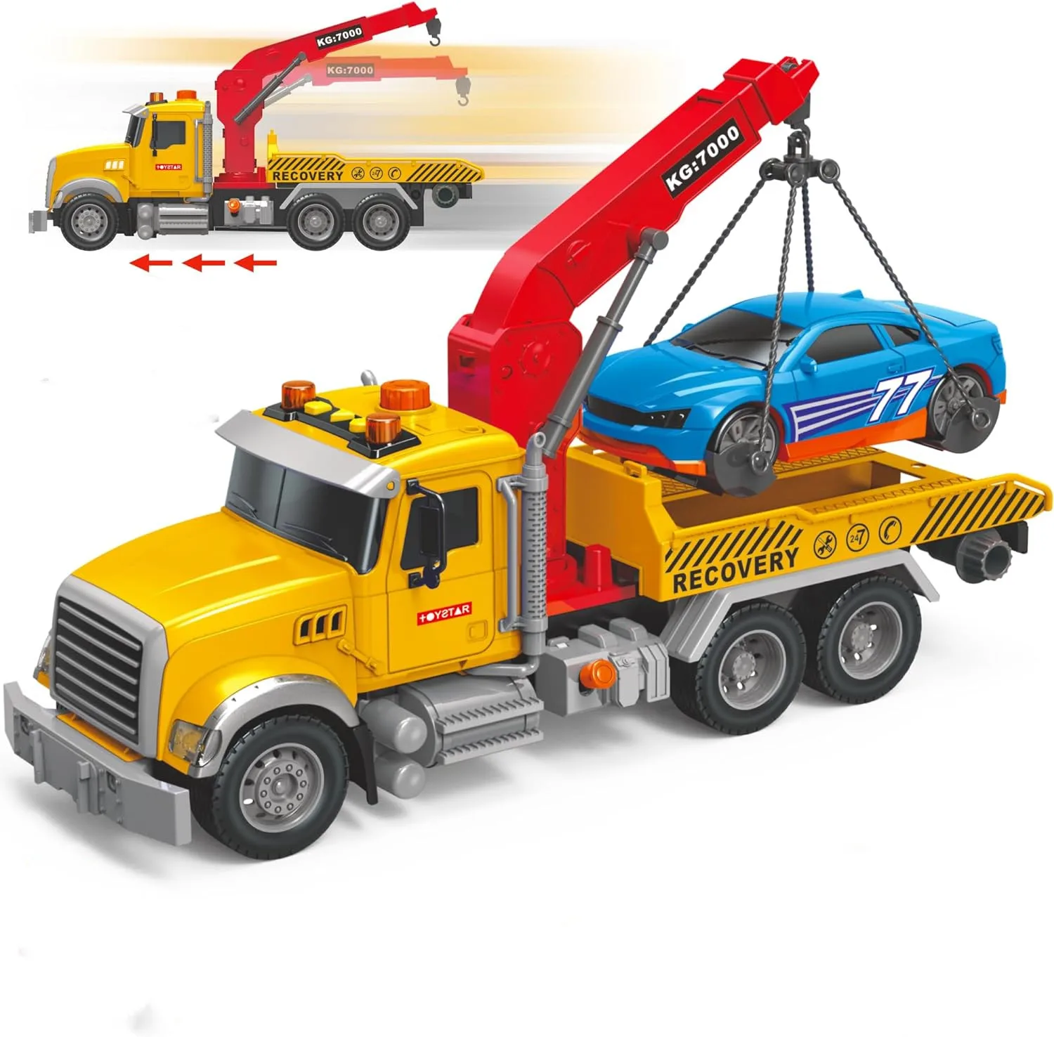 

Tow Truck Toy Flatbed and Crane with Race Car Playset Large 15" Toys Rescue Vehicle Push & Go,Lights & Sounds,Kids Birthday Gift