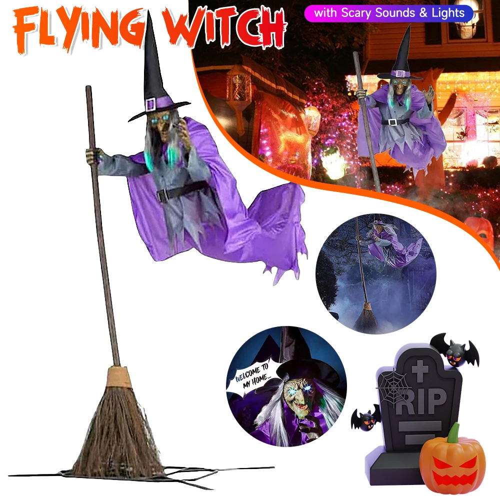 Flying Witch Halloween Decor Broom Hovering Witch Decorations with Scary Sounds and Lights Home Garden Yard Haunted House Props