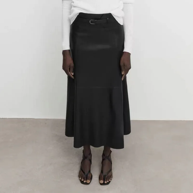 Real Leather Skirt Spring Autumn Women Versatile Wrap Hip Black Long Skirt Sheepskin High Waist Front Split Casual Jupe Longue