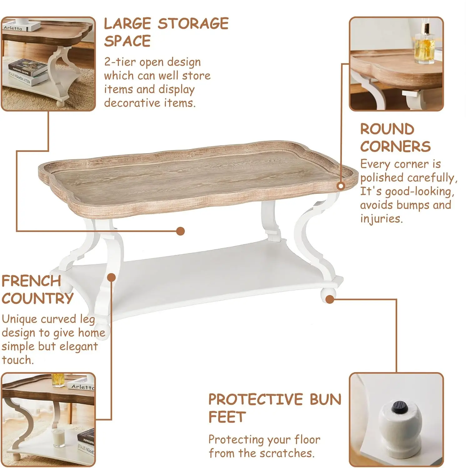 โต๊ะกาแฟสไตล์โมเดิร์นรัสติกฟาร์มเฮาส์คอทเทจคอร์ - ท็อปถาดไม้ธรรมชาติพร้อมงานตกแต่งแบบแฮนด์เมด โต๊ะข้างโซฟาสำหรับครอบครัว